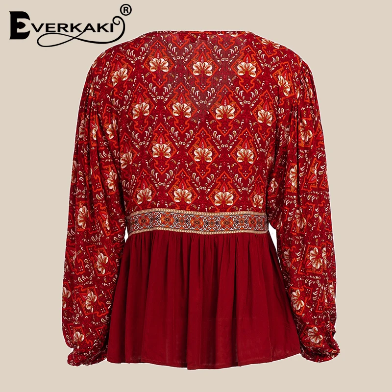 Everkaki Red Boho Blouse Shirt Peplum Top Long Sleeve Floral Print Cotton V Neck 2018 Bohemian Blouses Women Tops And Blouses