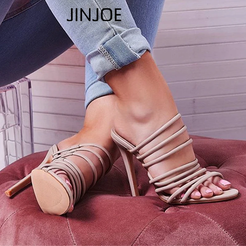 

JINJOE shoes Women PU Ankle pumps Cut Out Gladiator Narrow Band Sandals Slippers Open Peep Toe Sandals High Heel Stiletto Pumps