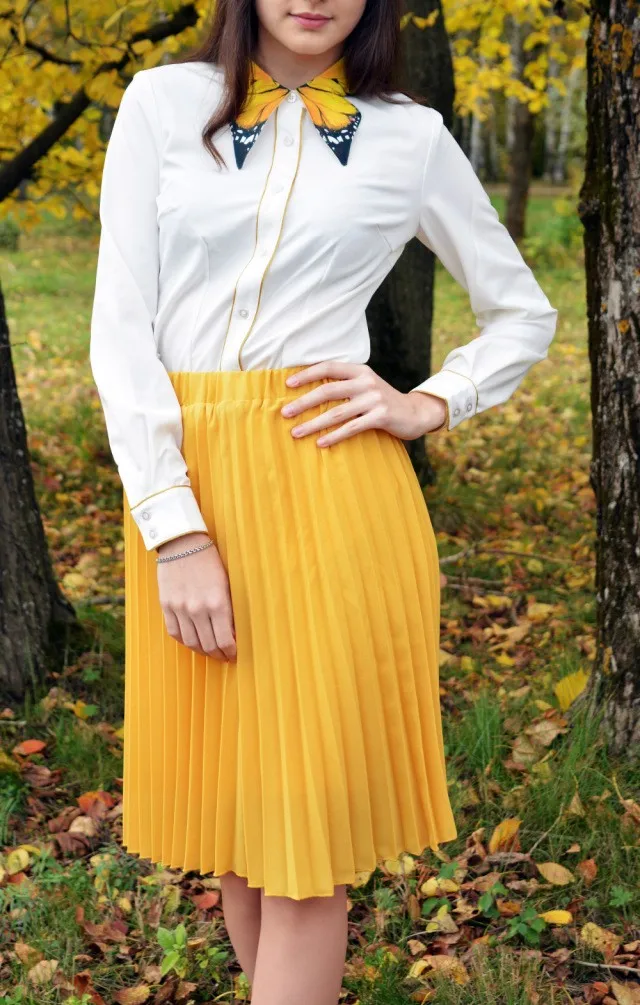 Весна Осень Новое поступление дизайн женская винтажная элегантная Изысканная рубашка с воротником и принтом бабочки