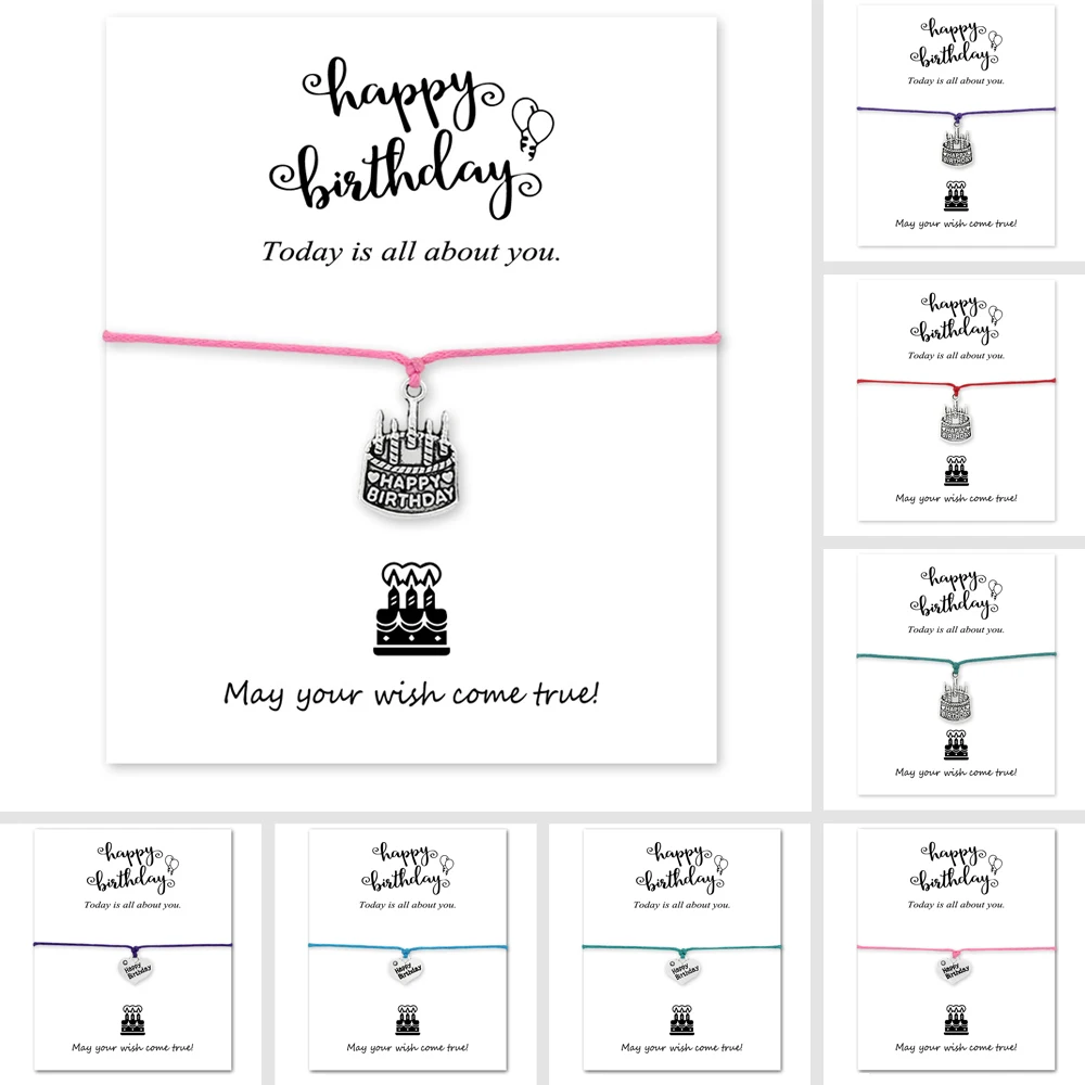 

Happy Birthday Cake Wish Charm Bracelets with Card Women Men Unisex Fashion Unisex Jewelry Christmas Gift Drop Shipping