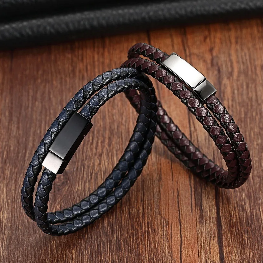 Men's Genuine Leather Stainless Steel Rope Bracelet
