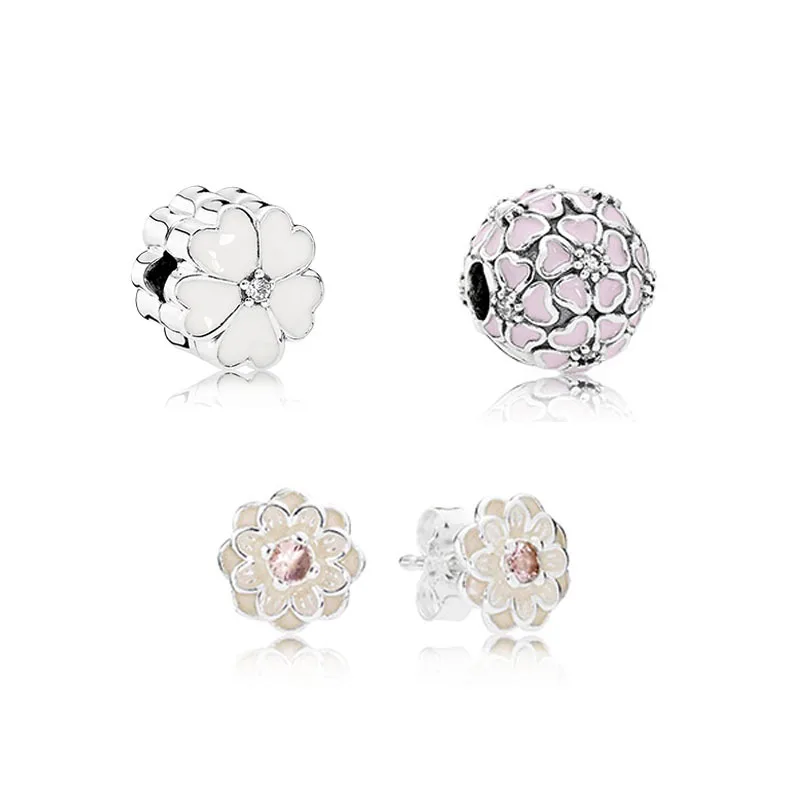 

925 Sterling Silver Sets Dahlia Flowers Beads Plus Ear Studs Fits European Style Charm Bracelets & Necklace Women DIY Jewelry