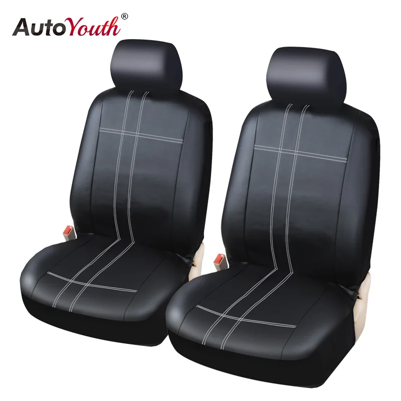 

AUTOYOUTH Classic PU Leather Pair Waterproof Set Car Seat Covers for Front Seat Cover Black With White Line For ford focus 2