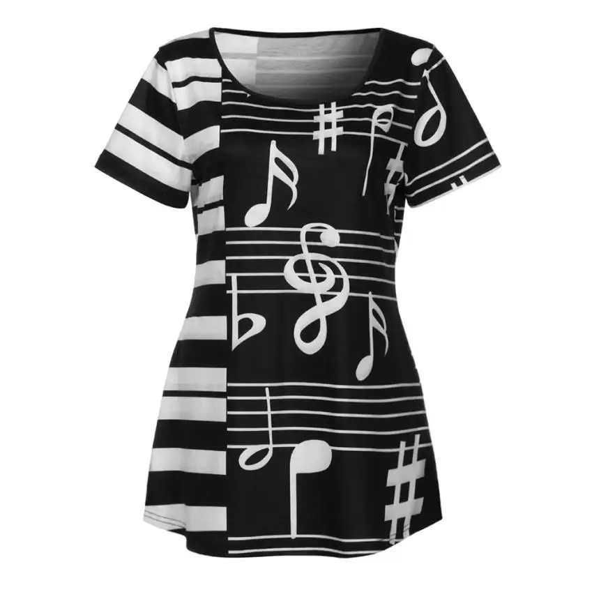 CHAMSGEND для женщин дамы музыкальные ноты печати короткий рукав повседневные топы блузка Прямая 1M13