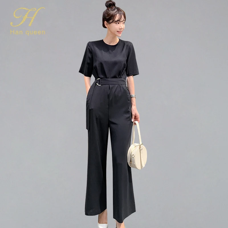 

H Han Queen Summer Solid Color Black Wide Leg Jumpsuis Women 2019 Bow Bandage Straight Rompers Casual Fashion OL Long Playsuits