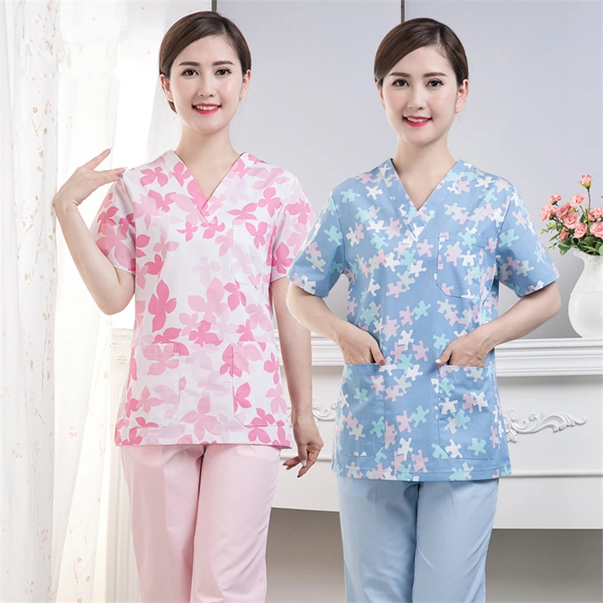 

New Surgery Medical Uniform Nurse Top Print Summer Short Sleeve Hospital Work Wear Surgical Scrub Clothing for Women