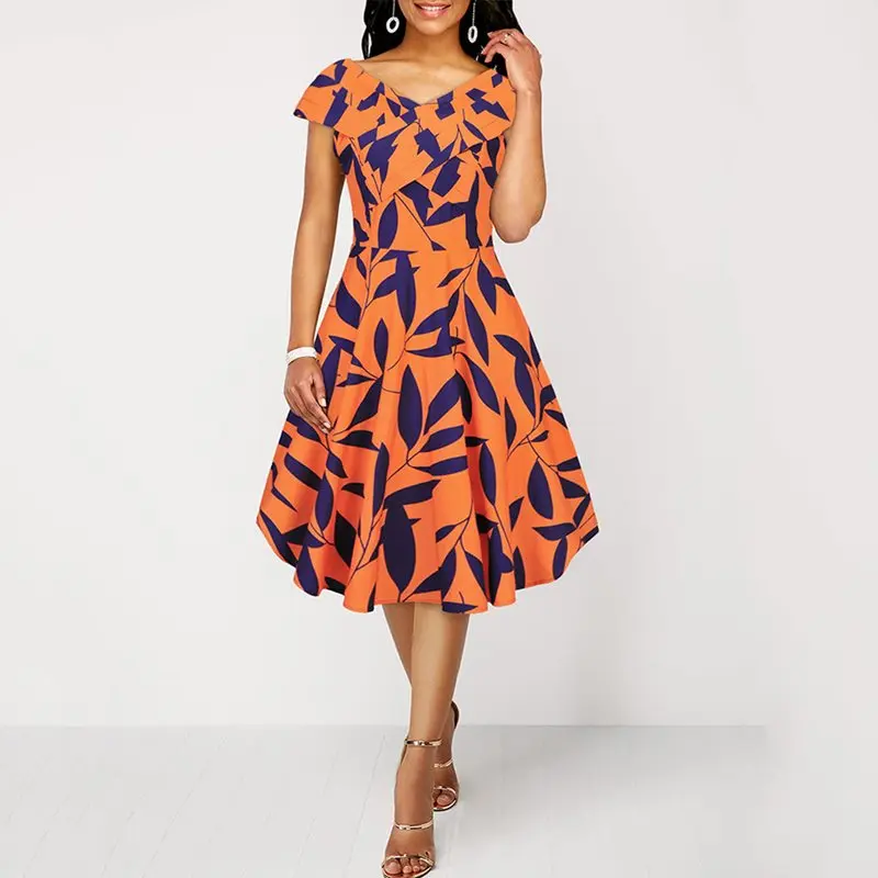 

Vintage Office Ladies Sexy Plus Size African Black Girls Summer Women Midi Dresses Plant Elegant Party Female Red Retro Dress