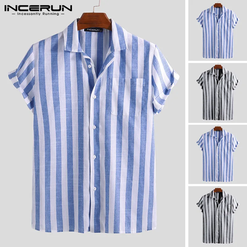 

INCERUN 2019 Fashion Casual Shirt Men Striped Short Sleeve Lapel Neck Breathable Blouse Camisa Masculina Brand Shirts Men S-5XL