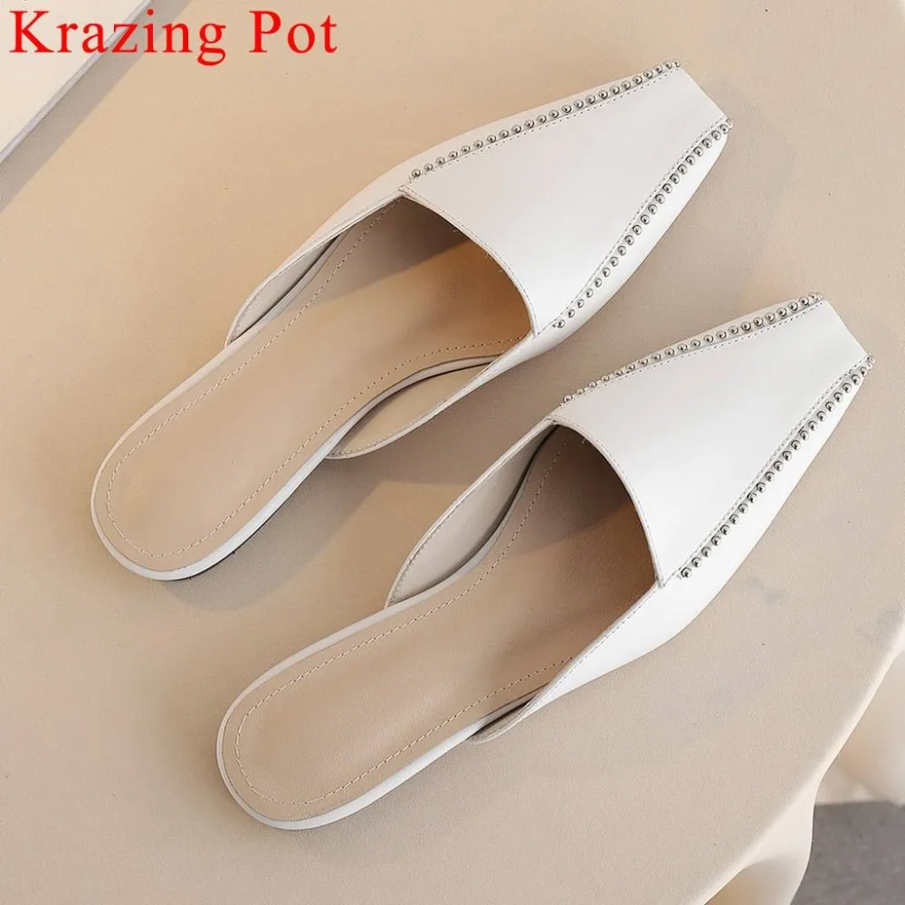 

Krazing Pot pretty girls genuine leather slip on mules retro square toe beading plus size concise brand slingback sandals L30