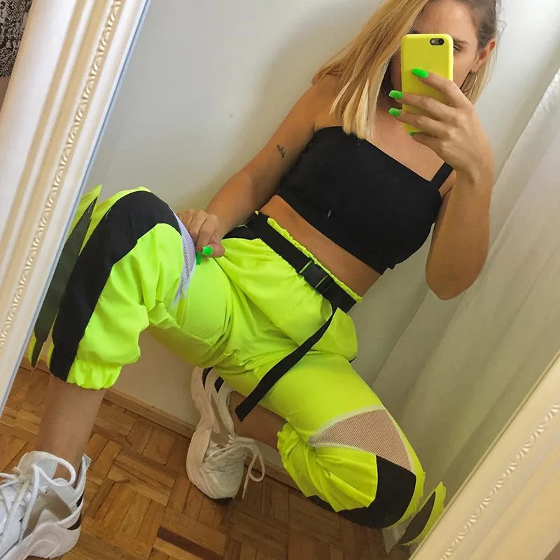 Women Loose Baggy Trousers Fashion 2019 Ladies Neon Green Joggers Mesh Patchwork Sweatpants Pants Hiphop Dance Pants Plus Size Women Loose Baggy Trousers Fashion 2019 Ladies Neon Green Joggers Mesh Patchwork Sweatpants Pants Hiphop Dance Pants Plus Size