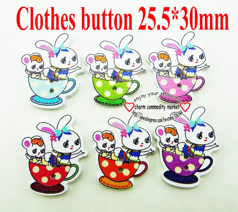 

40pcs DIY 2 Holes patterns cartoons Wood Sewing decoration Rabbit Button Scrapbook charms fox buttons WCF-351