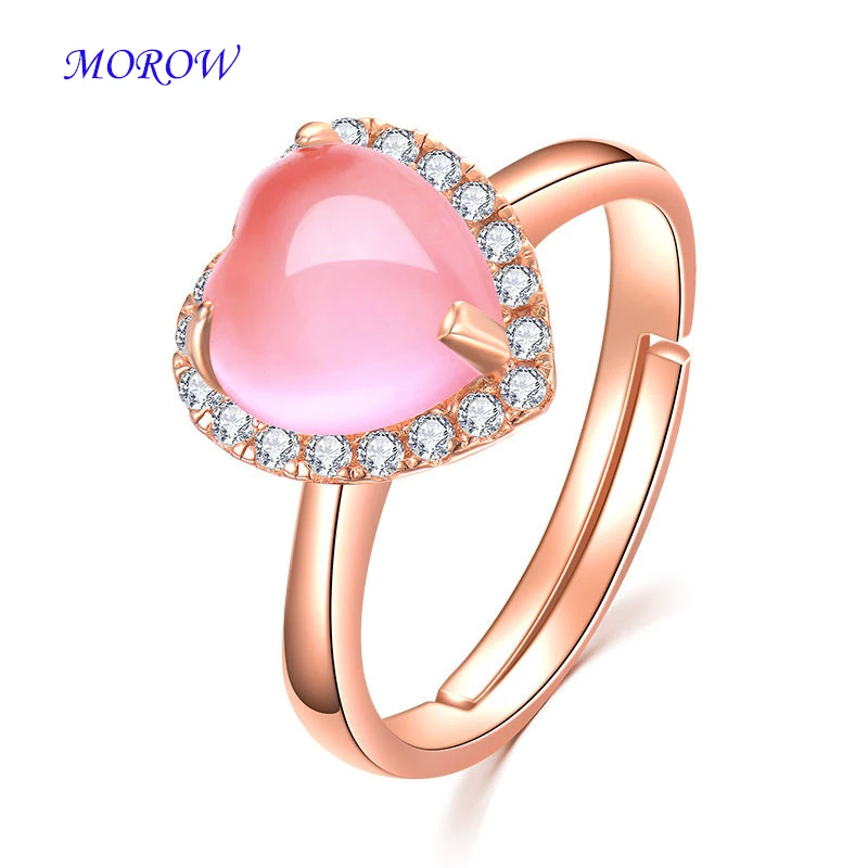

MOROW New Femme Pink Crystal Ring Rose Gold Love Heart Romantic Adjustable Size Fashion Finger Ring for Women Wedding Jewelry