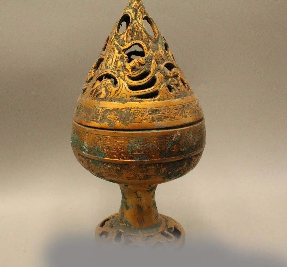 

14" China Chinese Dynasty Palace Bronze Lotus Flower Dog Incense Burner Censer