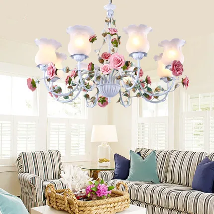 

Romantic pastoral style rose chandelier iron flower lights Mediterranean living room bedroom ceiling lamp Postage free