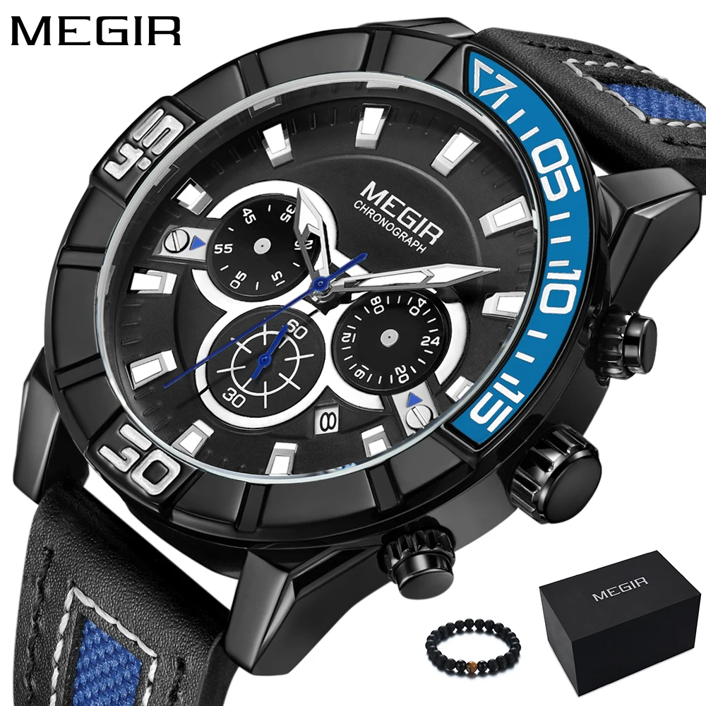

MEGIR Fashion Casual Chronograph Sport Quartz Watch Mens Watches Top Brand Luxury Leather Strap Wrist Watch Army Military Clock
