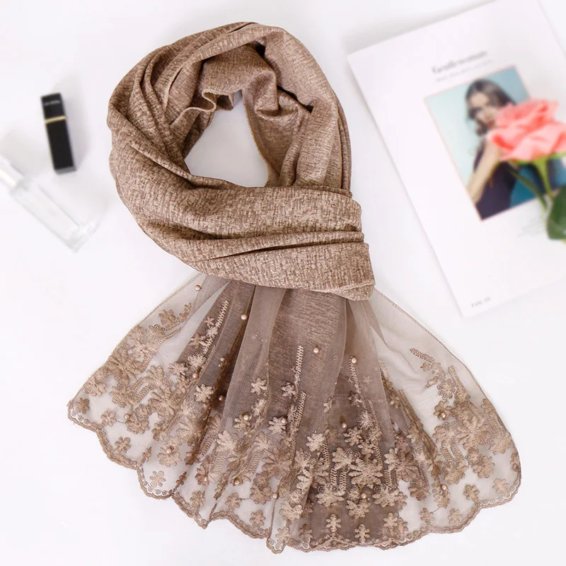 

Fashion 2019 New Spring Winter Scarves for Women Shawls and Wraps Lady Plain Lace Floral Pashmina Headband Muslim Hijab Stoles