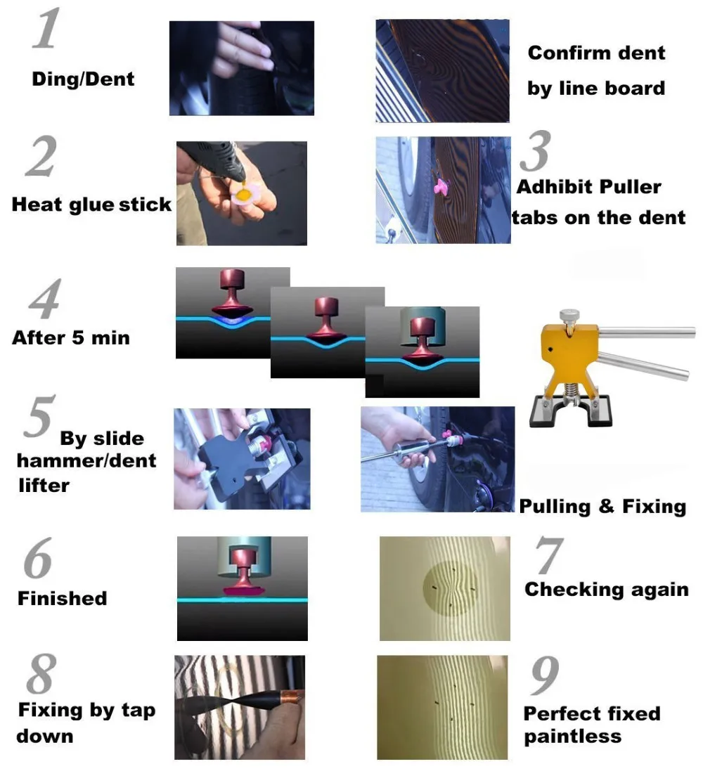 PDR инструмент автомобиль Дент Средства ухода за кожей Paintless Дент Ремонт Инструменты автомобилей Дент удаления Tool Kit Дент Lifter съемники