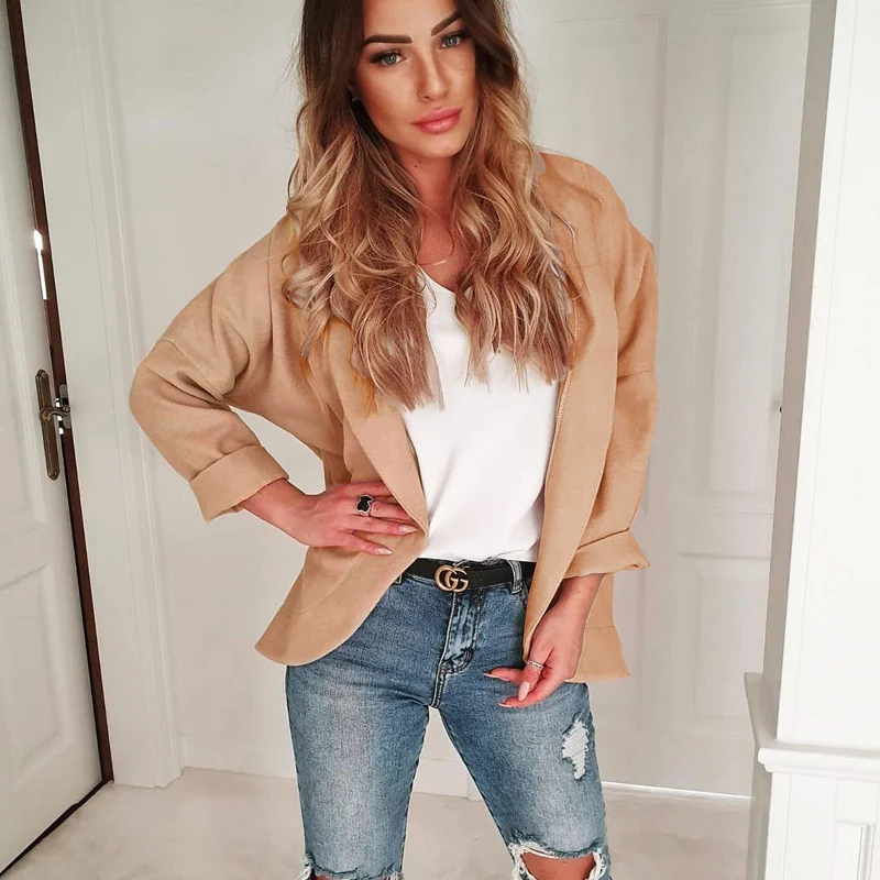 Lossky Women Blazers Jackets Long Sleeve Irregular Autumn Khaki Gray Casual Cardigan Outerwear Jacket Elegant Office Slim Coats