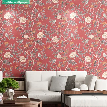 

Rural style red flowers and birds pattern living room wedding room restaurant TV background wall bedroom non-woven wallpaper