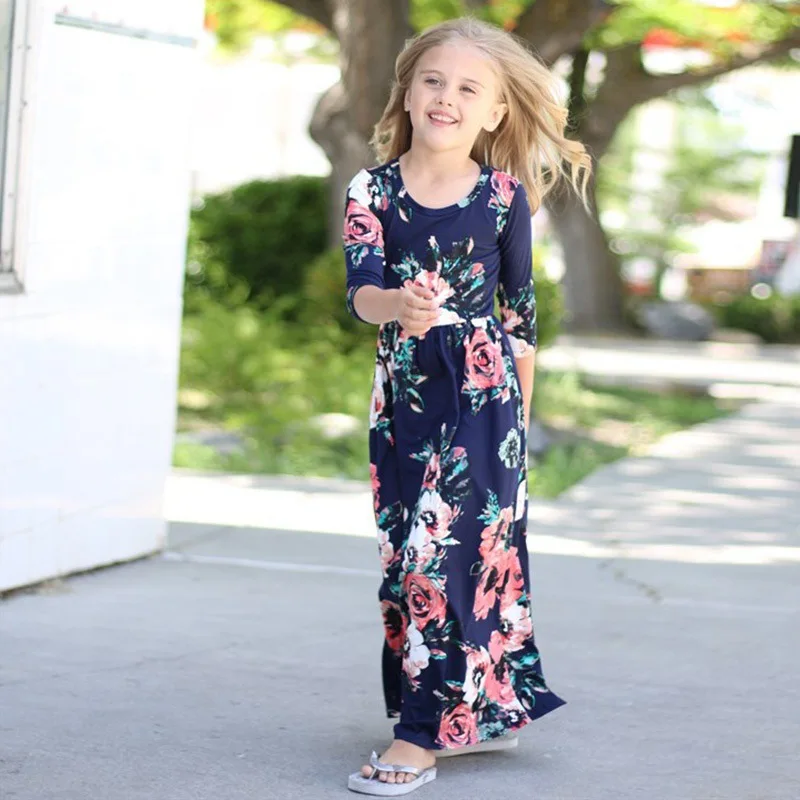 Girls Dress Fashion Bohemian Dress for Girls Beach Tunic Floral Casual Maxi Dresses 3 4 5 6 7 8 9 10 Years Princess Costume my little pony для девочек платье для девочки - Цвет: Dark blue