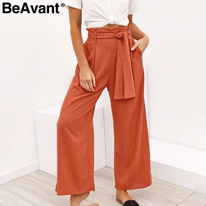 

BeAvant Casual cotton linen summer pants women Wide leg sashes loose female long pants Black plus size holiday ladies bottoms