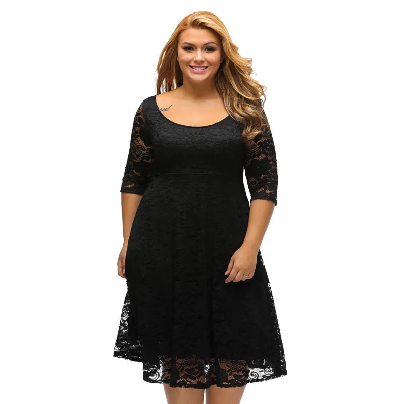 

WHZHM Plus Size 3XL Flower Lace Dress Women Round Neck White Half Sleeve Party Black Mesh A-Line Elegant Dress Femme Ladies