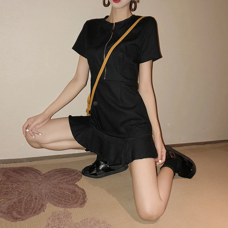 

4 Solid Color Streetwear Cool Women Zipper Dress Summer Ruffle Short Sleeve A Line Robe Femme Casual Harajuku Chic Women's Dress