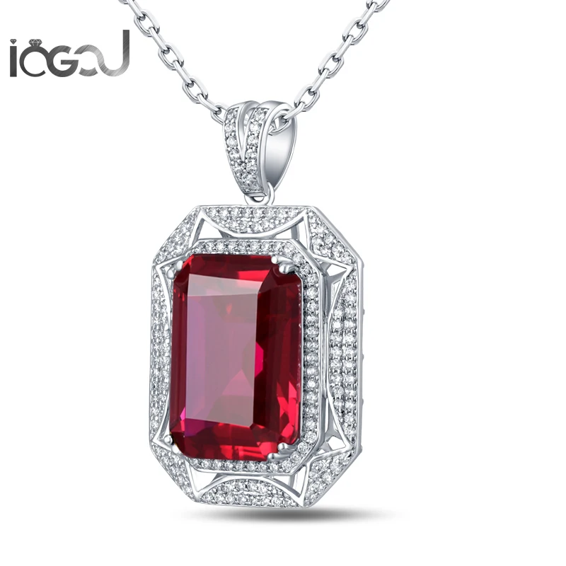 IOGOU 925 Sterling Silver Rectangle Pendant White Gold Color Halo Wedding Red Stone Anniversary Party Male Hiphop Jewelry