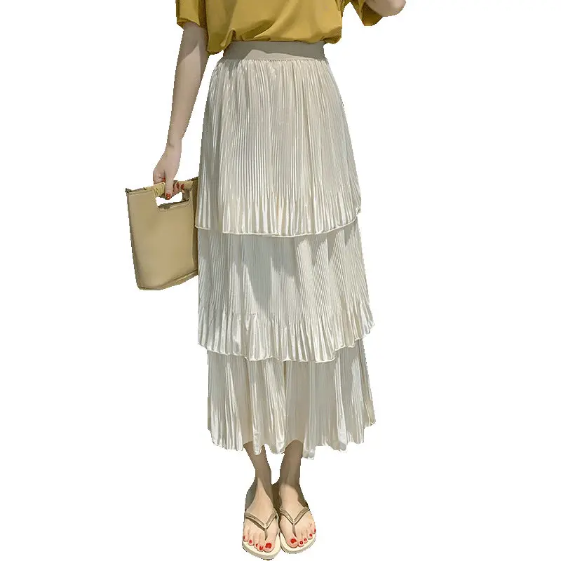 Для женщин летние Тюлевая юбка Высокая Талия Белый миди-юбка из шифона свободные Повседневное длинные юбки полые сетки плиссированные женские юбки