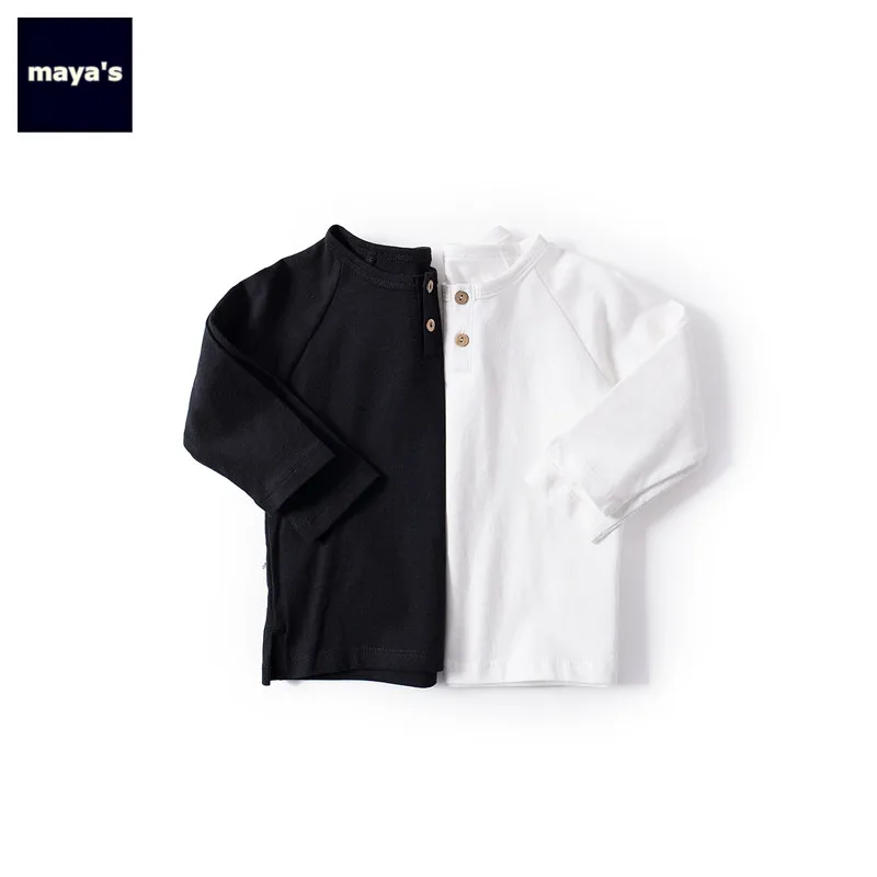 

Mayas Full Cotton Button Black Autumn Boys Shirts White Causal O Neck Girls T-Shirts Toddler Basic Fashion Soft Homewear 81219
