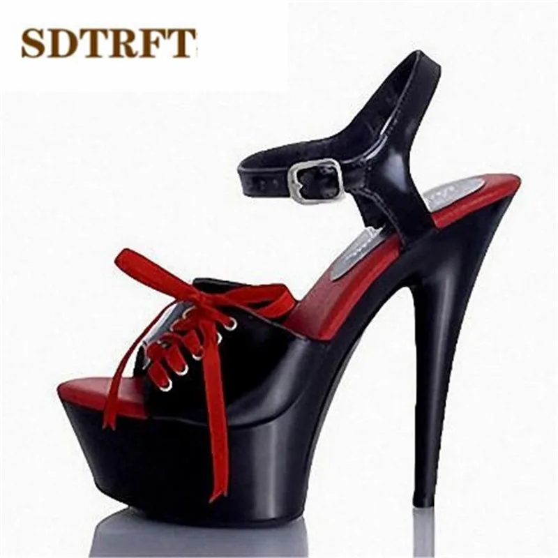 

SDTRFT PLUS:35-45 46 SUMMER zapatos mujer Peep Toe ribbons sandals 15cm thin high heels platform sexy woman shoes wedding pumps