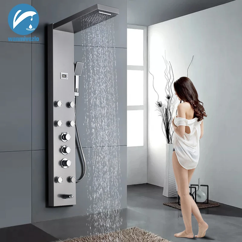 

Brushed Thermostatic Rainfall Shower Panel Faucet Stainless Steel Shower Column Digital Temperature display Body Massage System