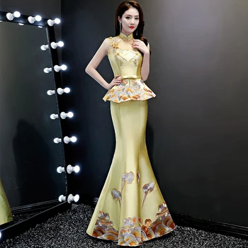 

Golden Appliques Female Qipao Maxi Evening Dress High Quality Embroidery Floral Cheongsam Mermaid Dresses Lace Backless Vestidos