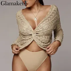 Glamaker Criss cross v средства ухода за кожей шеи Вязание белый свитер для женщин с длинным рукавом сексуальный Укороченный джемпер женский