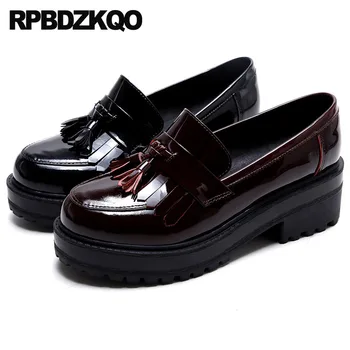 

Red Wine Black Tassel Loafers High Quality Women Creepers Platform Shoes Wedge Thick Sole Elevator Patent Leather Genuine Fringe