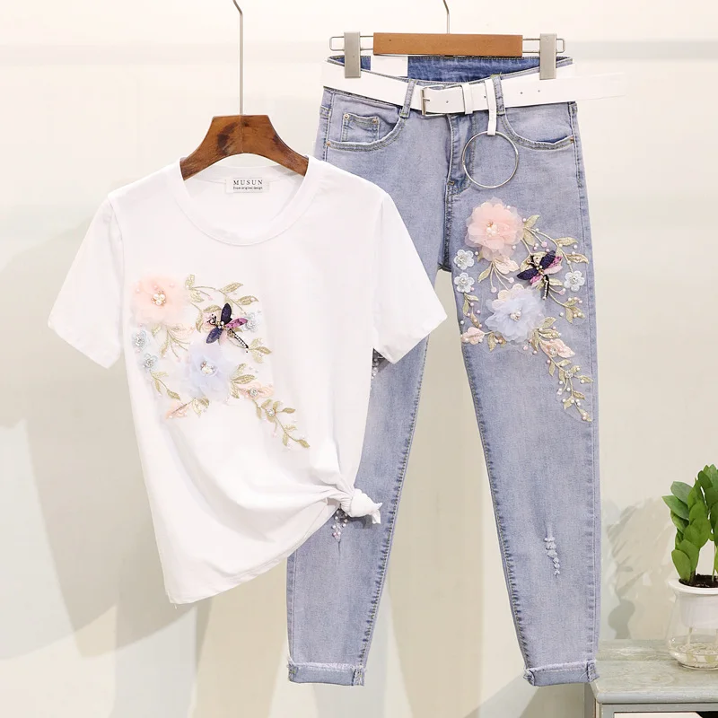 

Summer Set Fashion Embroidery Flower T-Shirt Jeans Pants Suit Set Women Cotton Tee Shirt Femme Holes Denim Pants Women Outfits