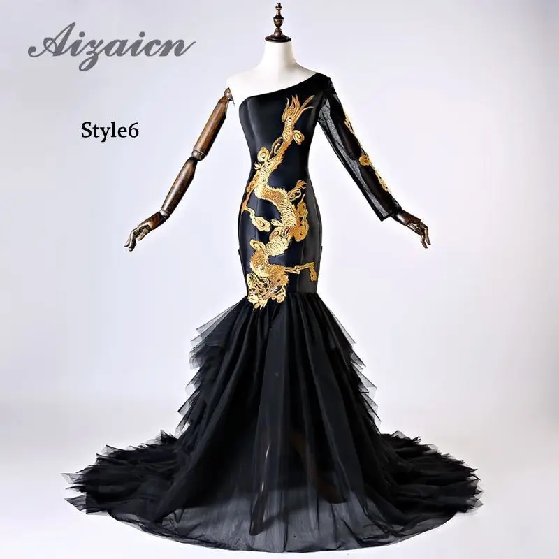 Роскошные черные вечерние платья с шалью длиной до пола, традиционное вечернее платье русалки, винтажное китайское свадебное платье с вышивкой - Цвет: 6