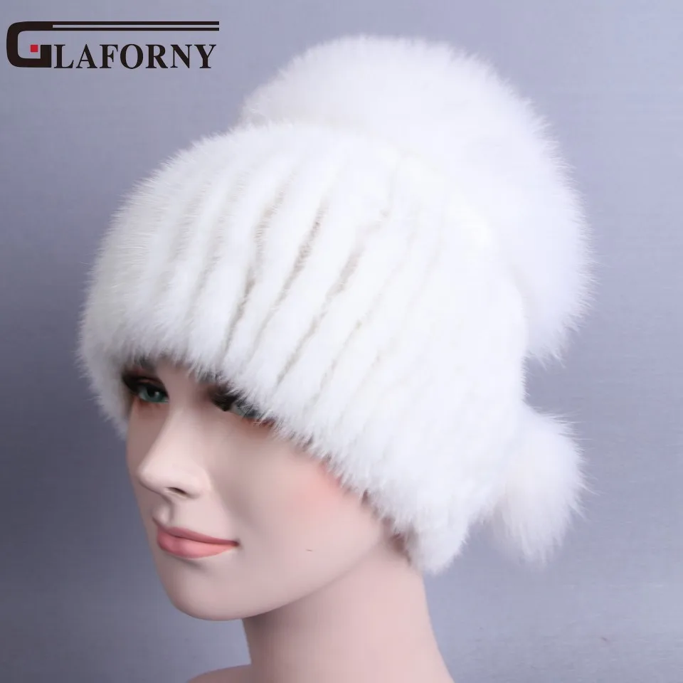 

Glaforny 2017 New Design Women Genuine Mink Fur Beanies with Silver Fox Fur Tops Russian Winter Warm Fur Hats Striped Casual Cap