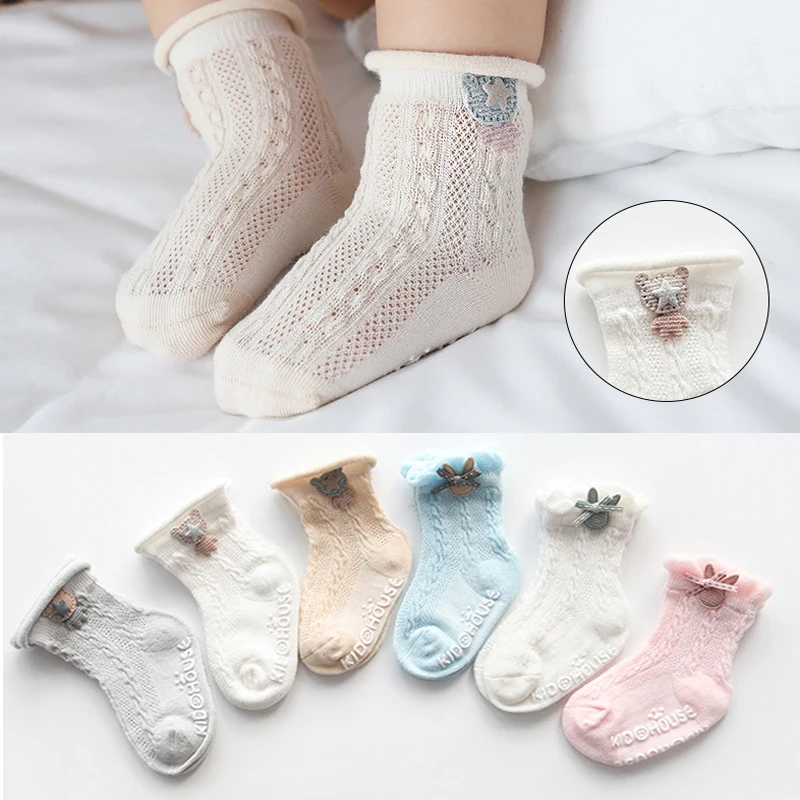 

3 pairs baby socks Cute rabbit / bear decoration mesh thin cotton baby socks children cartoon non-slip glue baby toddler 0-1-3Y