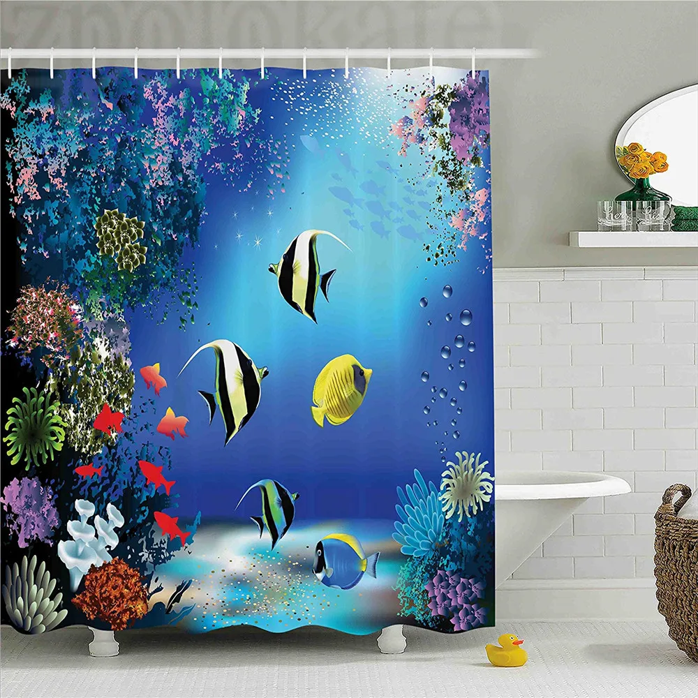 Underwater Shower Curtain, Tropical Undersea with Colorful Fishes