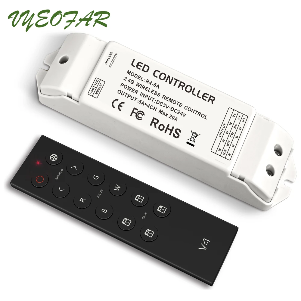 

Led Dimmer RGBW Controller V4 Remote 2.4GHz RF Wireless 5A*4CH Constant Voltage R4-5A Receiver R4-CC Constant Current Receiver