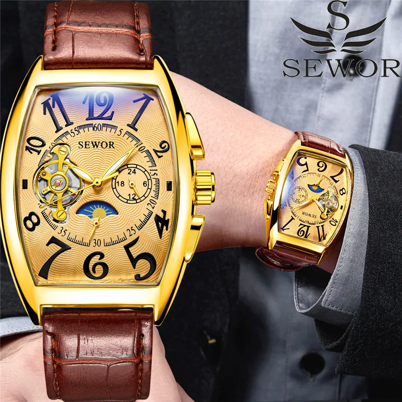 Relogio Masculino SEWOR мужские часы, автоматические механические турбийон, спортивные мужские часы, Топ бренд, роскошные золотые классические мужские наручные часы
