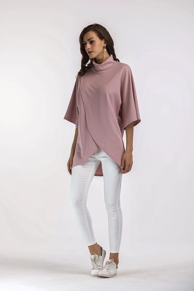 Pink Half Sleeve Irregular Front Split Turtleneck Elegant Loose Blouse