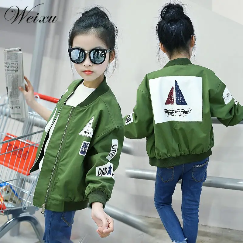 

2017 Spring Autumn Bomber Jackets for Girls Army Green Girls Coats and Jackets Children's Zipper Windbreaker Outwear Clothes