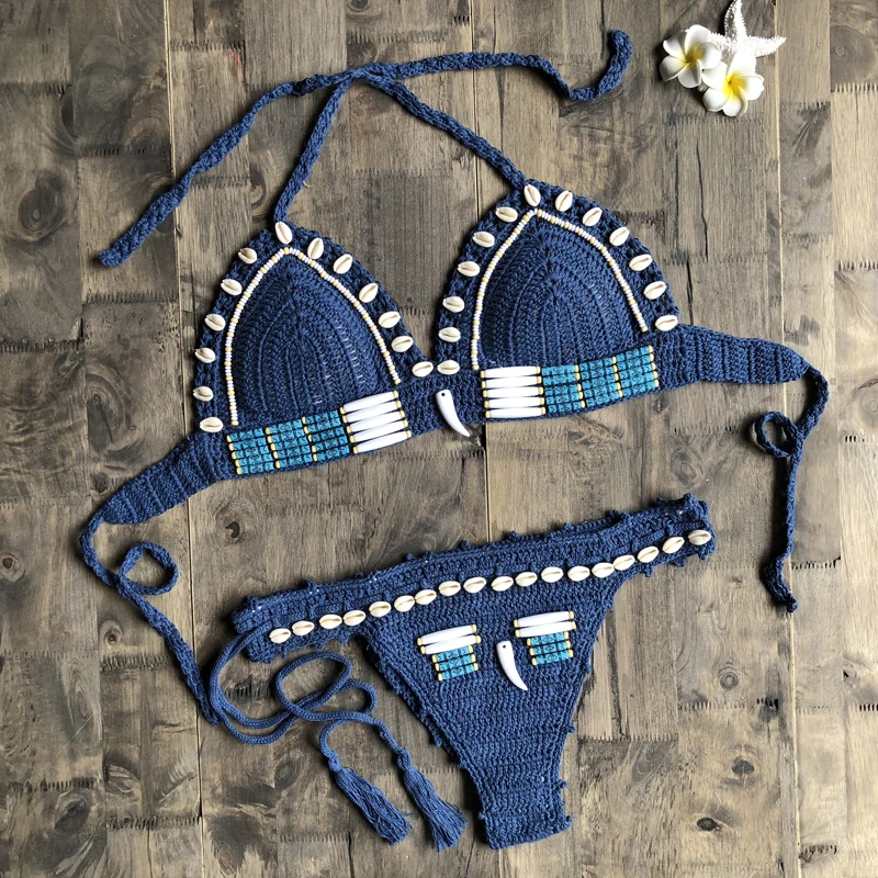 Сексуальный синий комплект бикини ручной работы, вязаный крючком высококачественный купальник, женский купальник пуш-ап, трикотажная пляжная одежда, купальный костюм