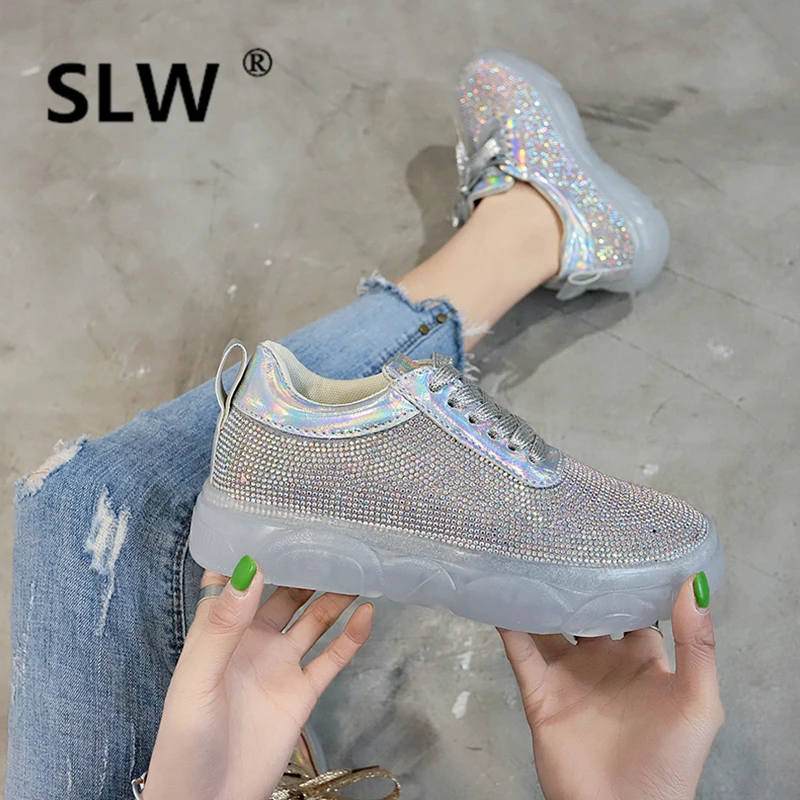 

Crystal Bling spring Lace-Up Basic 2019 Casual Sequined Cloth Round Toe TPR Fabric women new Flock transparet woman