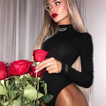 

Cotton Plus Velvet Long Sleeve High Neck Letters Print Patchwork Bodysuit 2019 Autumn Winter Women Fashion Sexy Bodysuit