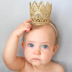 Новорожденных Вязание голову золотые кружева принцесса Корона для маленьких девочек Детская повязка для головы Дети волос вечерние