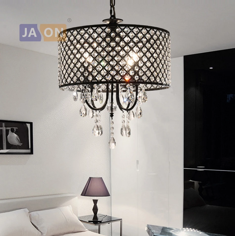 Led E14 American Iron Crystal Black Chrome Chandelier Lighting Lamparas De Techo Suspension