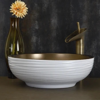 

Europe Vintage Style Art wash basin Ceramic Lavabo Counter Top round art white with gold Ceramic Wash Basin Bathroom Sink